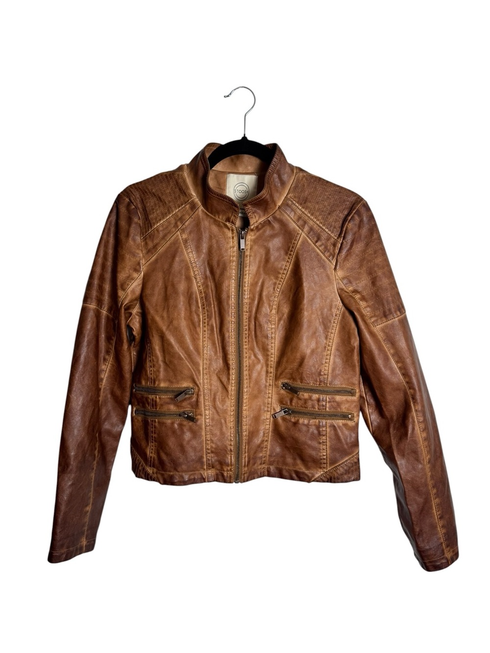 NWT Stoosh Tobacco Brown Distressed Faux Leather Moto Jacket Medium